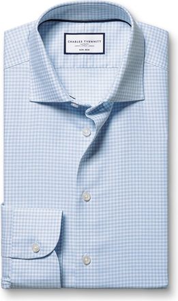 CHARLES TYRWHITT Non-Iron Cotton Linen Checkered Formal Shirt - Sky Blue Single Cuff Size 16/33 by Charles Tyrwhitt