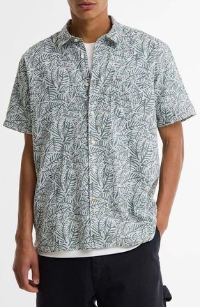Barbour Dearham Leaf Print Short Sleeve Linen & Cotton Button-Up Shirt in Dusty Slate at Nordstrom, Size Xx-Large