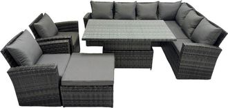 Fimous 9 Seat Rattan Garden Furniture Corner Sofa Set Outdoor Adjustable Lifting Dining or Coffee Table Set with Big Footstool Dark Grey Mixed - Fimous