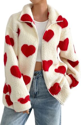 Generic Womens Long Sleeve Shirt Valentines Day Heart Printed Zipper Cardigans Coat Jacket Lightweight Hoodie Kawaii Heart Print Fuzzy Zip Up Cutecore Coats A