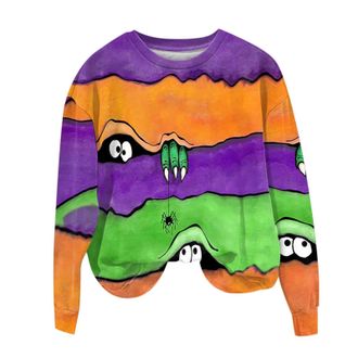 Generic Womens Halloween Sweatshirt Slouchy Jumper Cute Spider Printed Patchwork Tops Long Sleeve Crewneck Pullover Ladies Holiday Costumes (A02-Orange, XL)