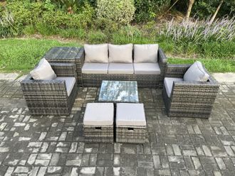 Fimous Wicker 7 Pieces Rattan Garden Furniture Sofa Set with Armchair Side Table Square Coffee Table 2 Small Footstools in Dark Grey