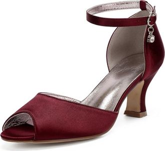 Generic Wedding Bridal Shoes Womens Satin Low Heel Wedding Shoes Heels Bridal Shoes Women Wedding Mid Heels Sandals 6.5Cm,Burgundy,5 UK
