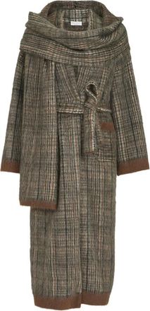 Brunello Cucinelli Mohair And Wool Prince-of-Wales Double-knit Coat With Scarf