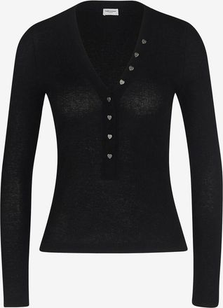 Saint Laurent Langarm-T-Shirt aus Ripp-Jersey mit V-Ausschnitt