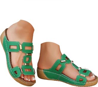 Generic Wedge Sandals For Women Open Toe Hollow Out Summer Sandals Fashion Metal Embellishments Casual Beach Walking Slippers 2026 Cute Summer Shoes (Green, 4