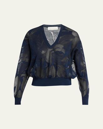 Dries Van Noten Torion Floral Lace Knit V-Neck Sweater