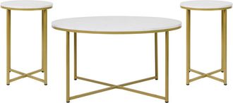 Flash Furniture Coffee and End Table Set - White Marbled Top, Brushed Gold Frame, 3 Piece