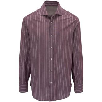 Brunello Cucinelli MenS Plum White Striped Cotton Button Up Shirt, Size L
