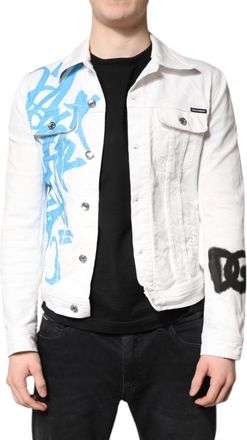 Dolce & Gabbana White Graffiti Cotton Stretch Denim Mens Jacket (Pre-Owned)