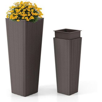 Costway 2 Vasi Alti per Piante da Interno ed Esterno, Grandi Fioriere in Rattan con Vassoi Interni Rimovibili, Fori di Drenaggio, Fioriere Decorative