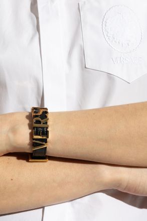 Versace Leather Bracelet With Logo, Mens, Black