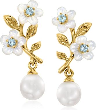 Ross-Simons Mother-Of-Pearl and 6-6.5mm Cultured Pearl Floral Drop Earrings With. Swiss Blue Topaz in 18kt Gold Over Sterling