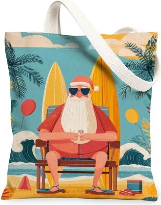 Generic Tropical Santa Canvas Tote Bags, Retro Beach Design Reusable Shopping Bags, Summer Lightweight Washable Shoulder Strap Canv, Blue, 13x15 Inch