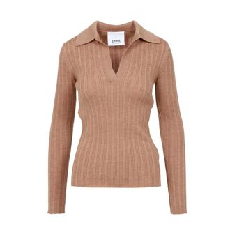 Erika Cavallini Semi Couture V-neck Knitwear, female, Brown, Size: S Brown Wool Sweater with V-Neck