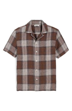 Madewell Linen Camp Shirt in Plum Heritage Plaid at Nordstrom, Size Xx-Large