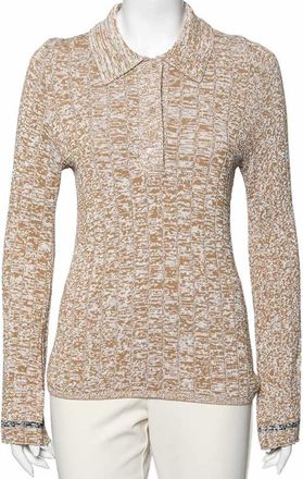Joseph Beige Patterned Ribbed Knit Long Sleeve Polo Sweater