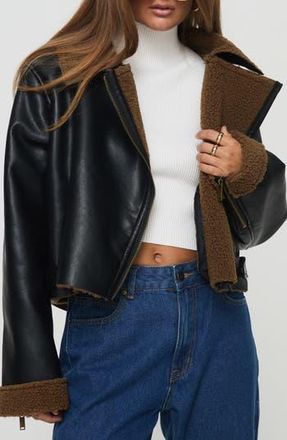 Princess Polly Faux Leather Crop Jacket with Faux Shearling Trim in Black at Nordstrom Rack, Size 8