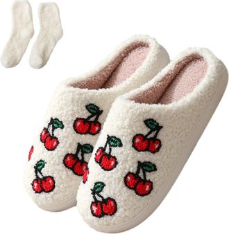 Generic Fruit Embroidery Plush Slippers Women Men, Winter House Slides, Cozy Fuzzy Fluffy Soft Shoes With Socks (Cherry, M, Adult, Women, 9, Numeric Range, UK