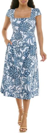 Nina Leonard Floral Cap Sleeve Fit & Flare Dress in Denim Multi at Nordstrom Rack, Size X-Large