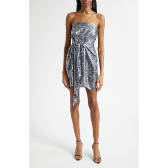 Ramy Brook Rhonda Metallic Abstract Print Strapless Silk Cocktail Dress in Navy Lurex at Nordstrom, Size 00