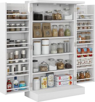 HOMCOM Kitchen Cupboard With Double Doors - 5-Tier Shelf - 12 Spice Racks - White | TJ Hughes