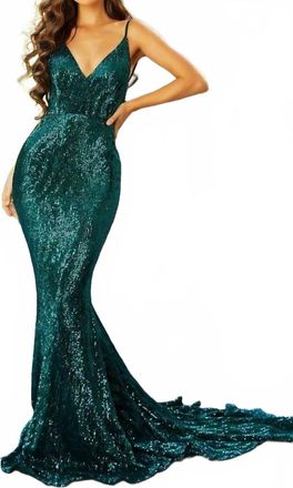 Portia & Scarlett Plunging V-Neck Gown In Emerald