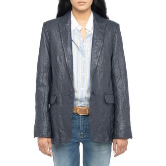 Zadig&Voltaire Valse Crinkled Leather Blazer in Encre at Nordstrom, Size 10 Us