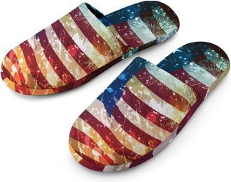Generic Firework And U.S. Flag Flannel Mens Slip-on Slippers Winter Warm House Shoes with Rubber Sole for Home Hotel