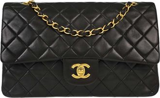 Chanel Vintage Classic Double Flap Quilted Lambskin Black Leather Handbag (Pre-Owned)