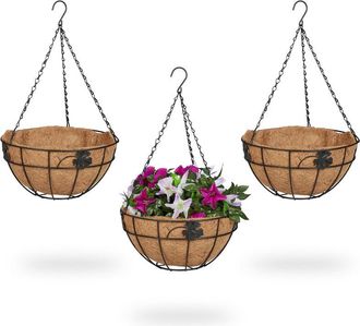 Relaxdays Relaxdays - Hanging Basket, Set of 3, Hook, Coconut Fibre Liner, h x d: 48 x 31 cm, Metal, Brown/Black