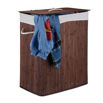 Relaxdays 2 Cestos Ropa Sucia Con Tapa Y 2 Compartimentos, Cubo Colada Plegable, Canasta, Bamb&uacute;, 95 L, Marr&oacute;n