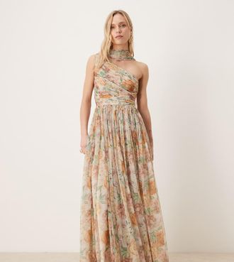 Lace & Beads Petite Vestito lungo monospalla con scollo a sciarpa marrone tenue a fiori