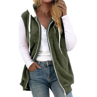 Generic Womens Teddy Fleece Gilets Solid Waistcoat Sherpa Fluffy Vest Body Warmer Lightweight Cozy Coat Ladies Winter Warm Colour Blocks Jacket Fuzzy Sleevele