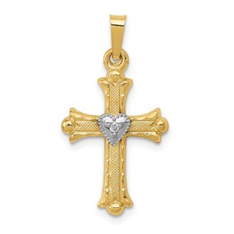 Diamond2Deal 14k Yellow Gold and White Rhodium Diamond Fleur De Lis Cross with Heart Pendant