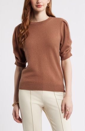 Nordstrom Ruched Short Sleeve Cashmere Sweater in Brown Clove at Nordstrom, Size Xx-Large