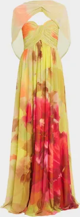 Badgley Mischka Draped Floral-Print Georgette Gown