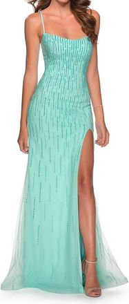La Femme Sequin Beaded Scoopneck Gown In Mint