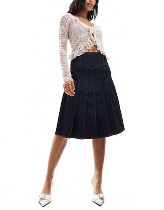 Urban Revivo Denim Pleated Skirt In Indigo Blue