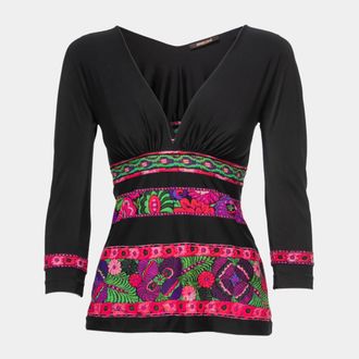 Roberto Cavalli Black Floral Printed Jersey V-Neck Top
