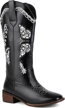 Generic Womens Square Toe PU Leather Long Boots Pull on Western Cowboy Boot with Embroidery Stitched Block Heel Mid-Calf Boots,Black,6.5 UK
