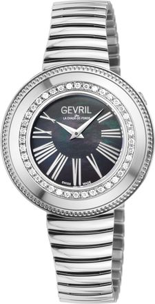Gevril Group Gandria Swiss Diamond Watch, 316L SS Case, Black MOP Dial, Silver Bracelet