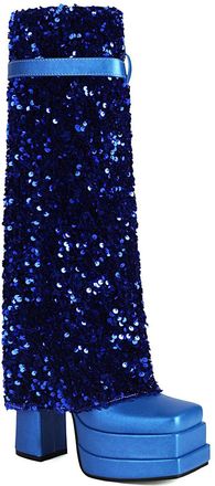 Generic Womens Block Heel Platform Long Boots Square Toe Glitter Party Prom Shoes PU Leather Knee High Boots with Buckle,Blue,2.5 UK