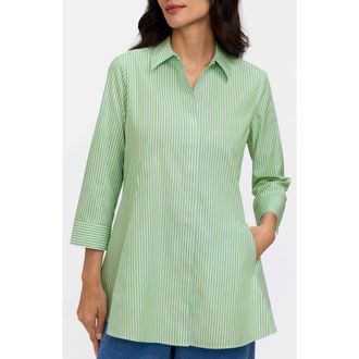 Foxcroft Cici Stripe Cotton Tunic Shirt in Mojito Green/White at Nordstrom, Size 18