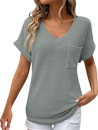 Generic Waffle Knit Tops for Women V Neck Short Sleeve Basic Solid Tee Shirts Casual Loose Fit Blouses(Grey, M)
