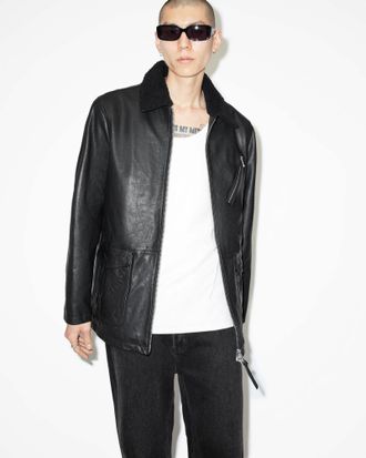 AllSaints Leather Moriarty Zip Up Faux Fur Lined Coat, Size: XXL