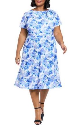 London Times Floral Tie Neck Short Sleeve Fit & Flare Midi Dress in Ivory/Blue/Royal at Nordstrom Rack, Size 16W
