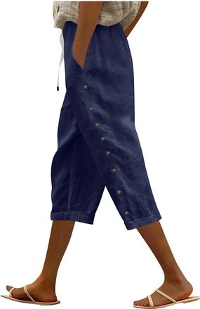 Generic Linen Trousers Womens Drawstring Elastic Waist Cropped Trousers Lightweight Summer Capri Pants with Pockets Casual 3/4 Length Joggers Beach Pants for 