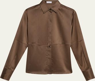 Brunello Cucinelli Silk Satin Stretch Blouse with Bib