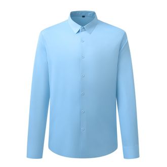 AlltheMen Mens Dress Shirt Long Sleeve No Iron Stretch Plain Shirts Business Formal Button Down Shirt Classic Fit Light Blue M